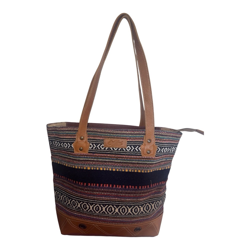 Sixtease Poppy Upcycled Woven Rug Leather Trim Boho Southwestern Tote Bag Purse